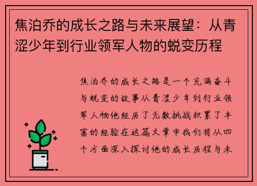 焦泊乔的成长之路与未来展望：从青涩少年到行业领军人物的蜕变历程